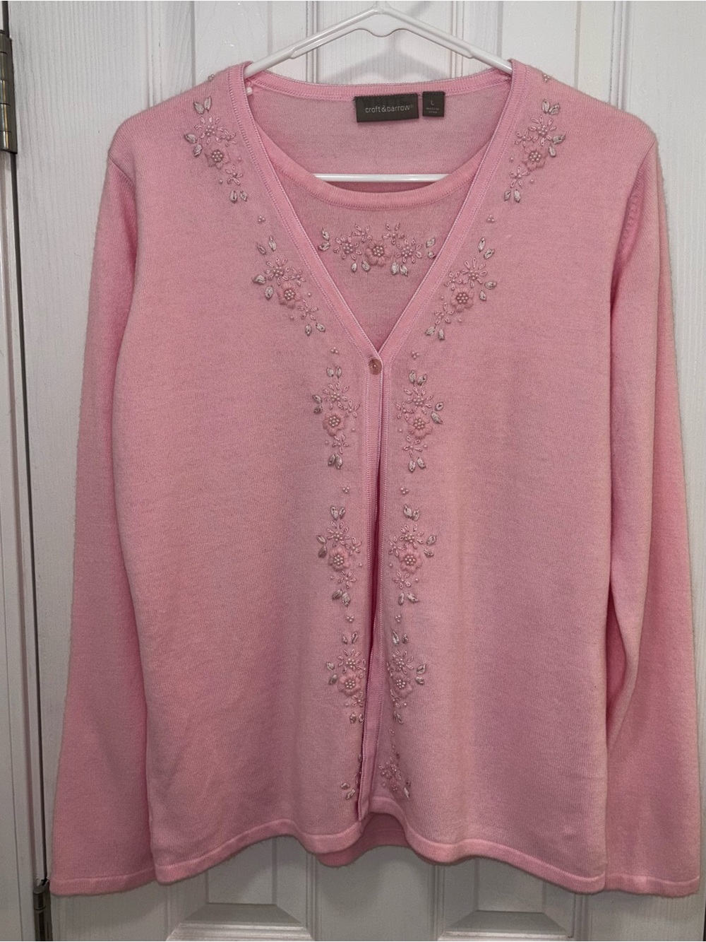 Croft & Barrow Light Pink Beaded Cardigan Crew Neck Sweater - One Piece